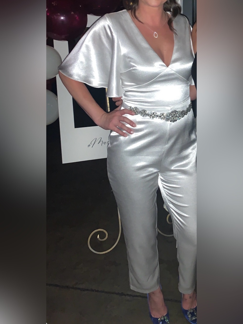 Lulu's Silver Satin V-Neck Jumpsuit